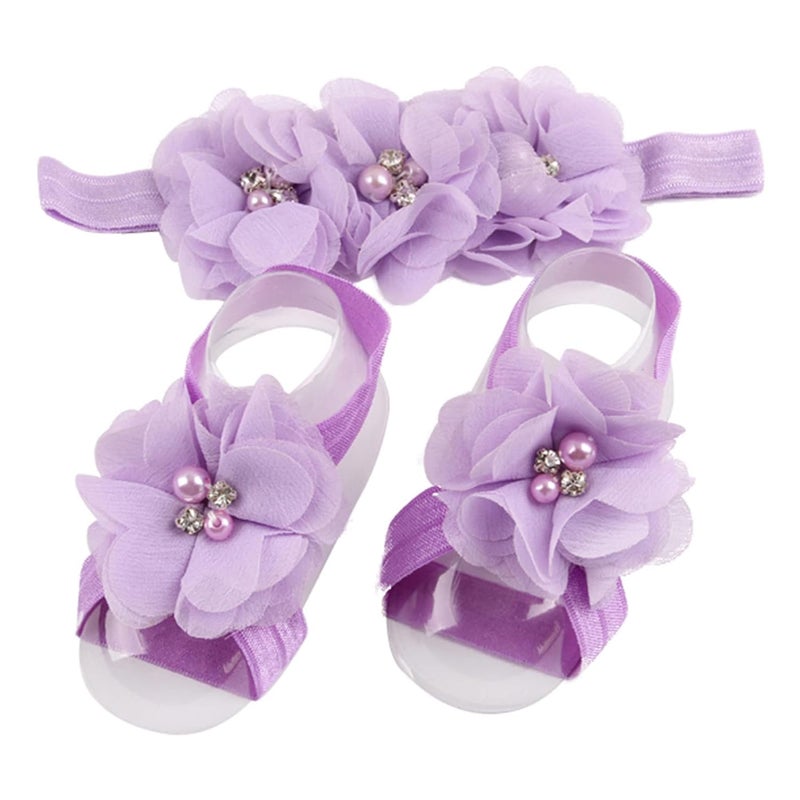 Baby girls infant crochet butterfly headbands and knitted flower barefoot sandals.(BBFJ3) (Lavender)